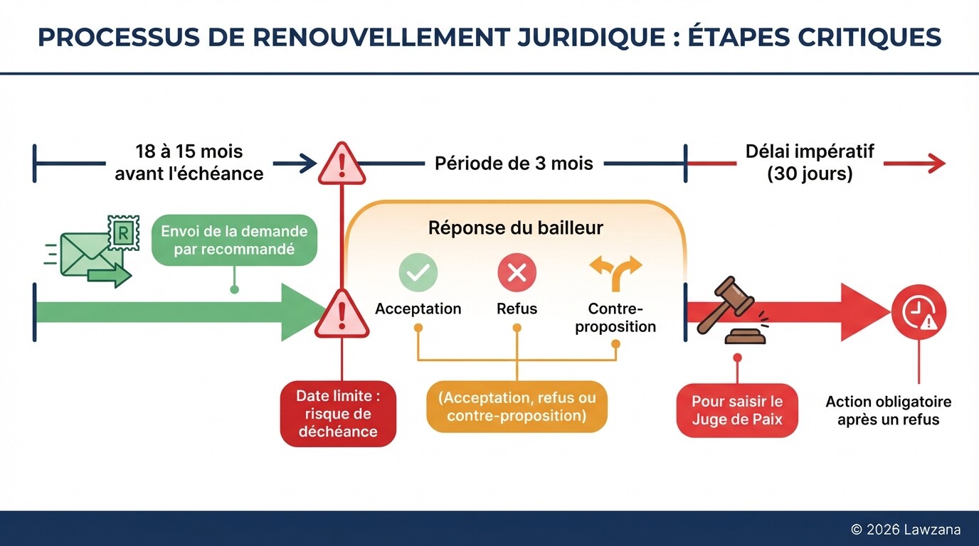Chronologie des délais légaux pour le renouvellement d'un bail commercial en Belgique.