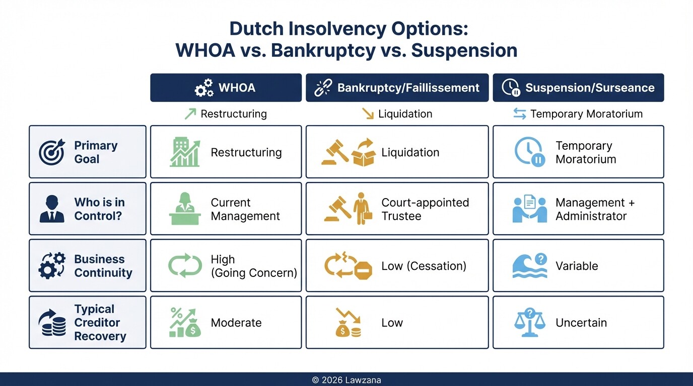 Comparison table of WHOA, bankruptcy, and suspension of payments in the Netherlands