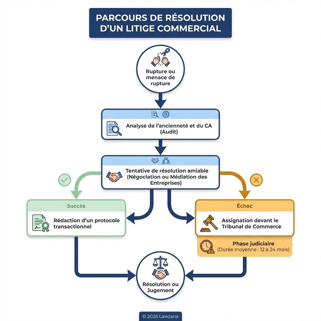 Diagramme des étapes de résolution amiable ou judiciaire d'un conflit lié à une rupture commerciale.