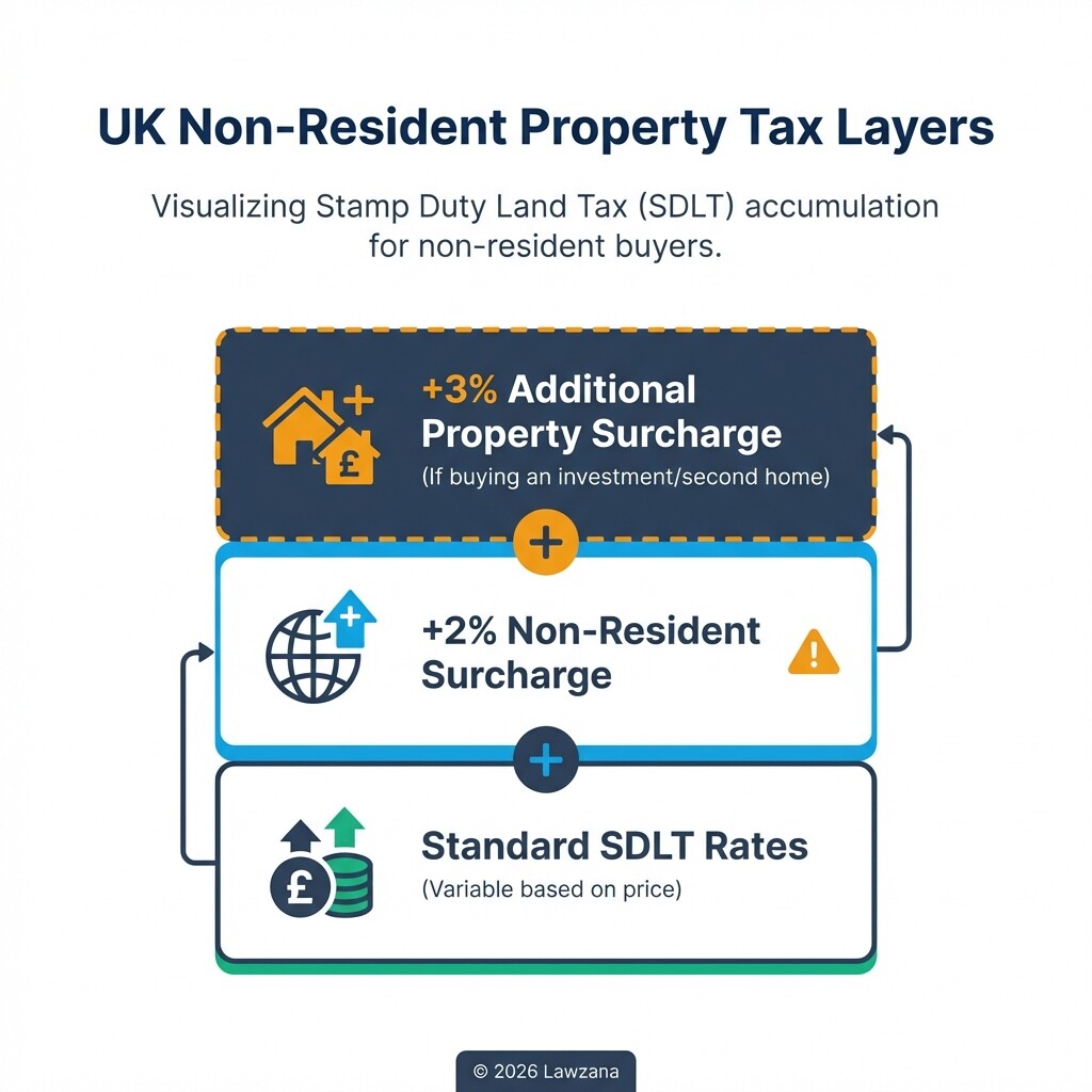 Visual breakdown showing how the 2% non-resident surcharge stacks on top of standard UK SDLT rates.