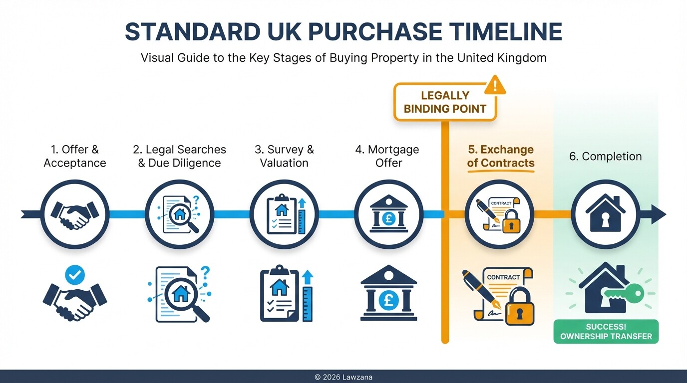A step-by-step timeline of the UK property buying process from offer to completion.