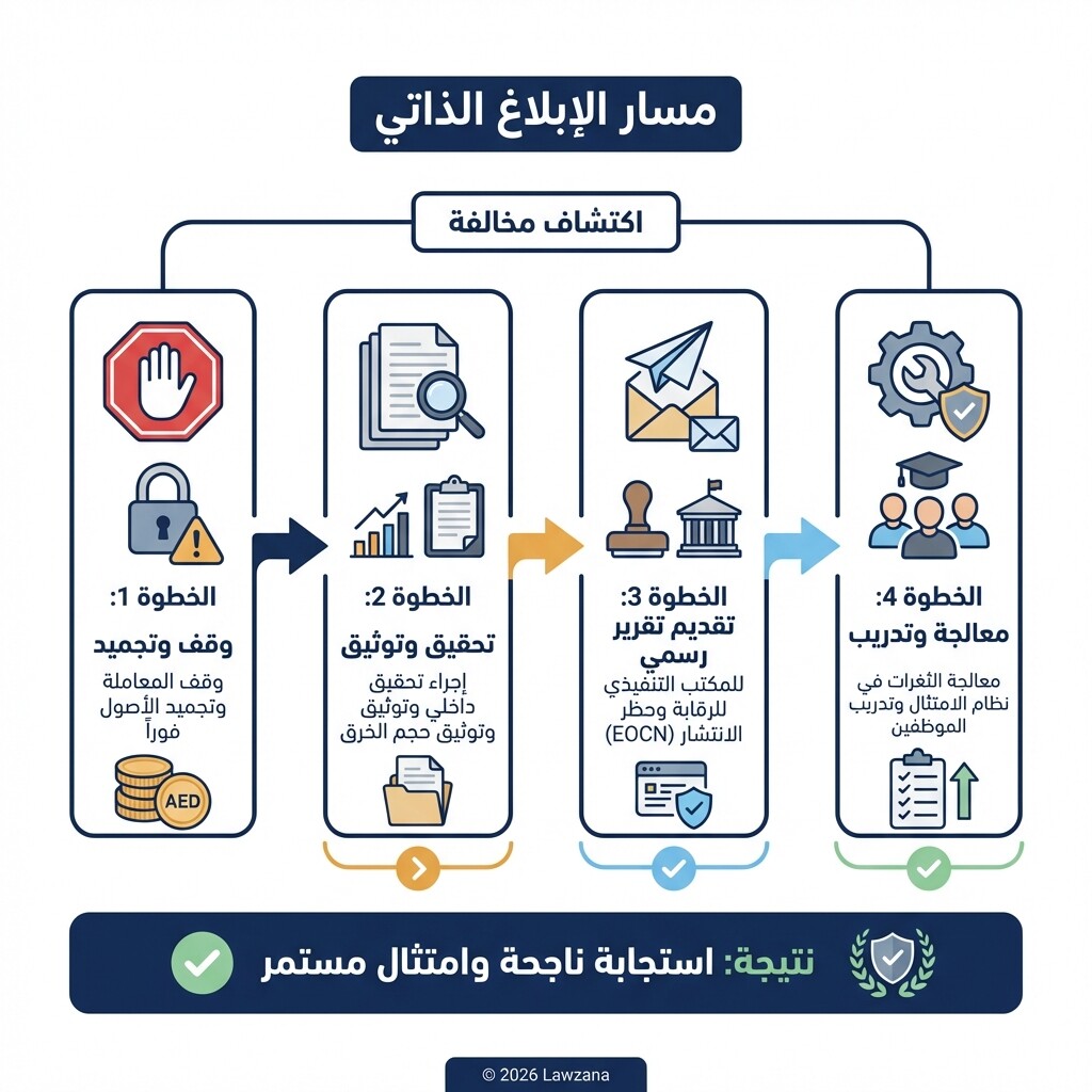 رسم توضيحي لخطوات الإبلاغ الذاتي الأربع في حالة اكتشاف خرق لقوانين العقوبات في الإمارات