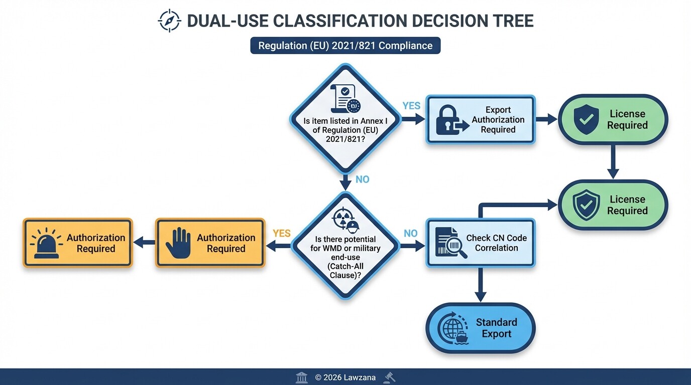 Decision tree diagram for identifying dual-use goods and export license requirements