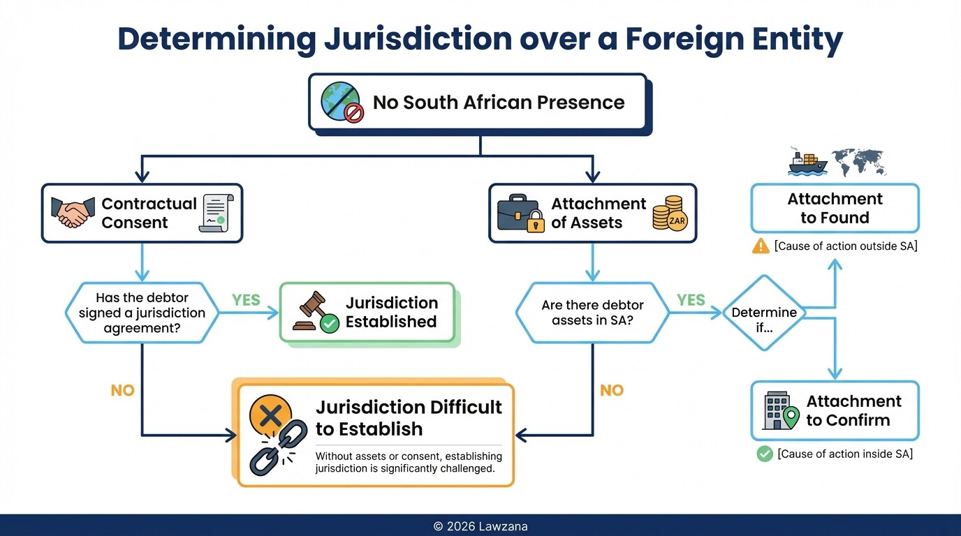 Flowchart for establishing South African court jurisdiction over a foreign entity