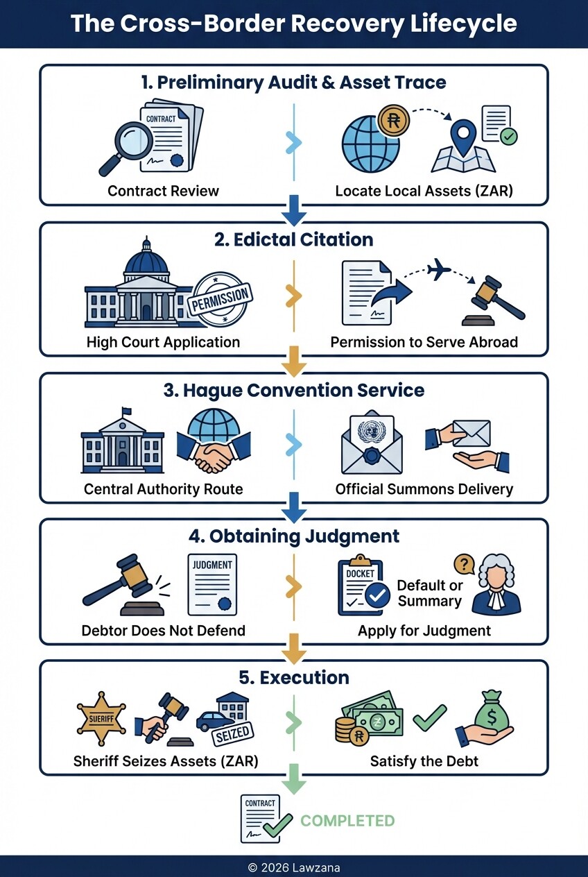 Infographic showing the 5-step process of commercial debt recovery from foreign entities