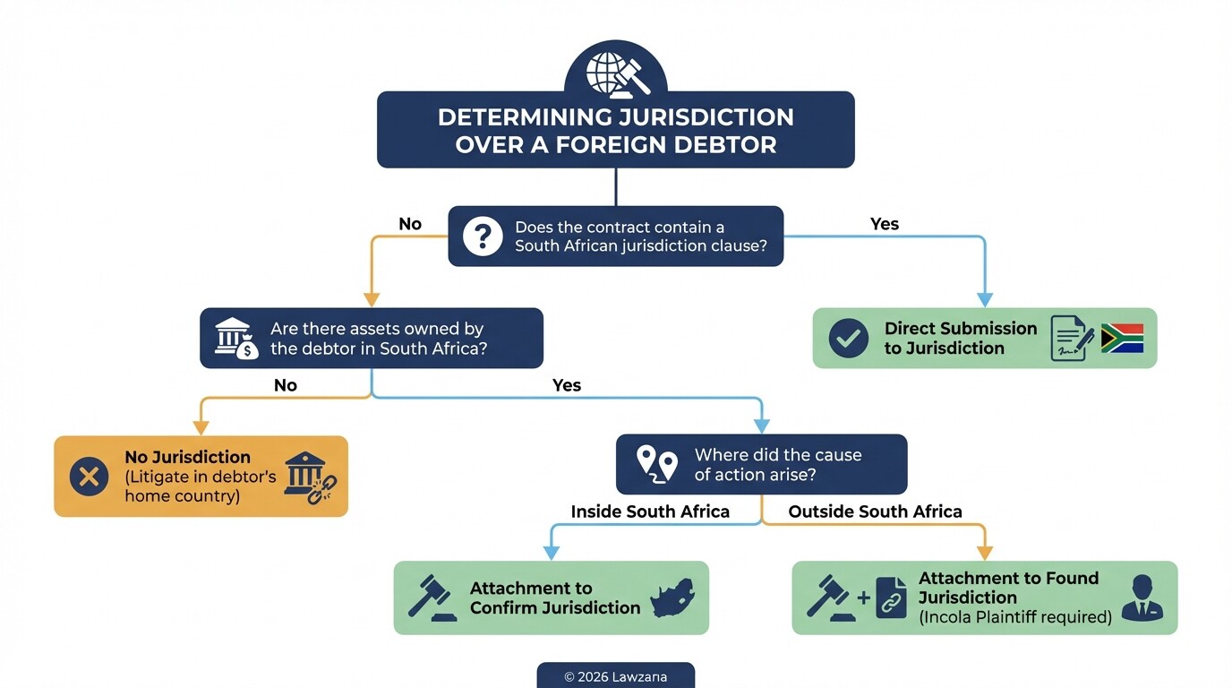 Flowchart showing how to establish South African court jurisdiction over foreign entities.