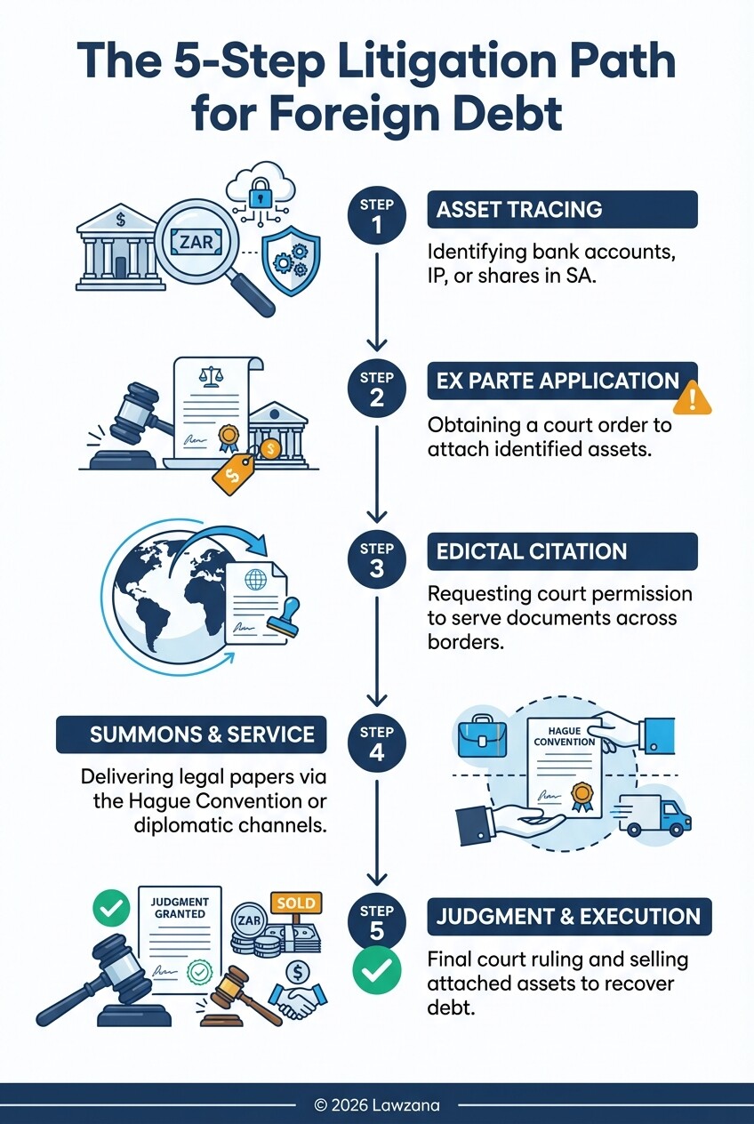 Infographic outlining the legal steps to sue a foreign debtor and seize assets in South Africa.