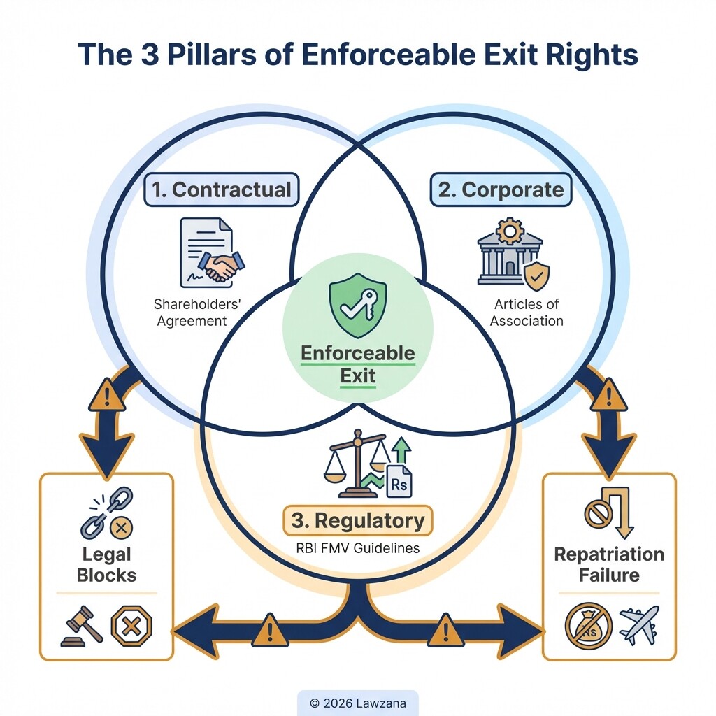 A diagram illustrating the contractual, corporate, and regulatory requirements for PE exit rights.
