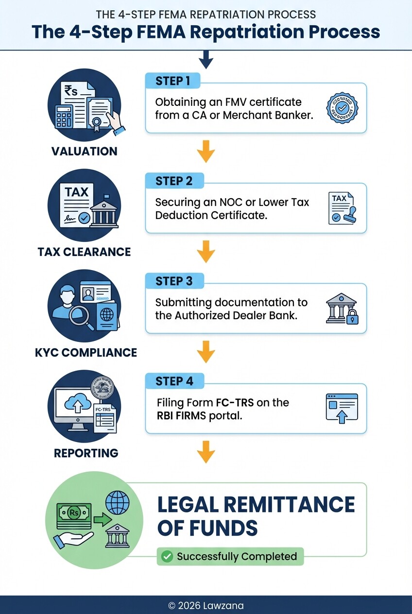 A 4-step infographic showing the FEMA process for repatriating PE exit capital from India.