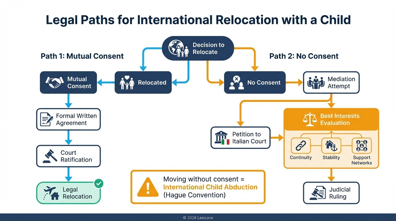Flowchart showing the legal process for moving a child abroad from Italy with or without consent.