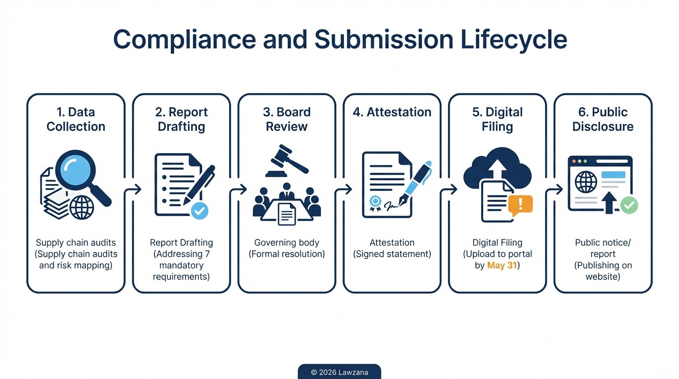 A step-by-step infographic showing the annual reporting and board approval process.