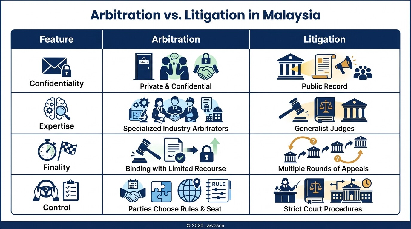 Comparison chart showing the differences between arbitration and litigation in Malaysia