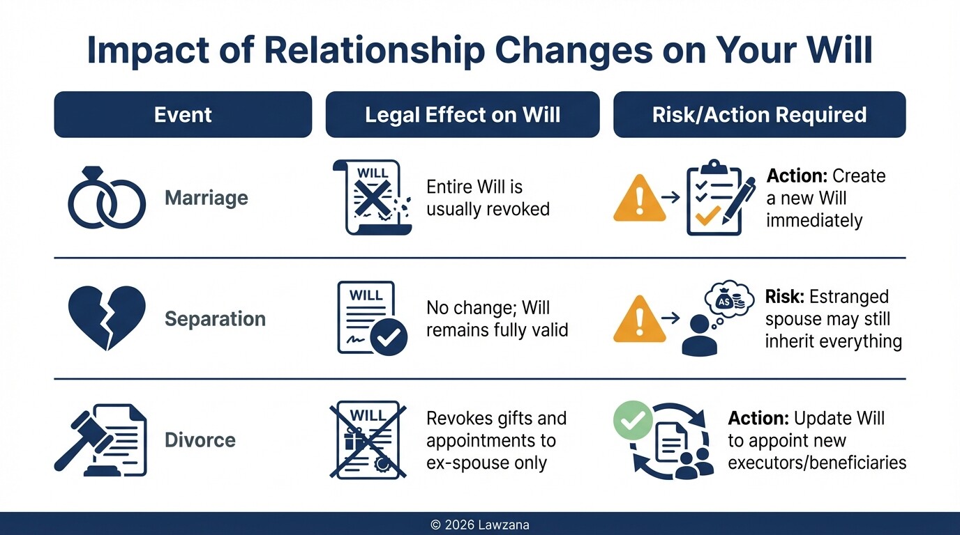 Comparison chart showing how marriage, separation, and divorce affect an Australian Will.