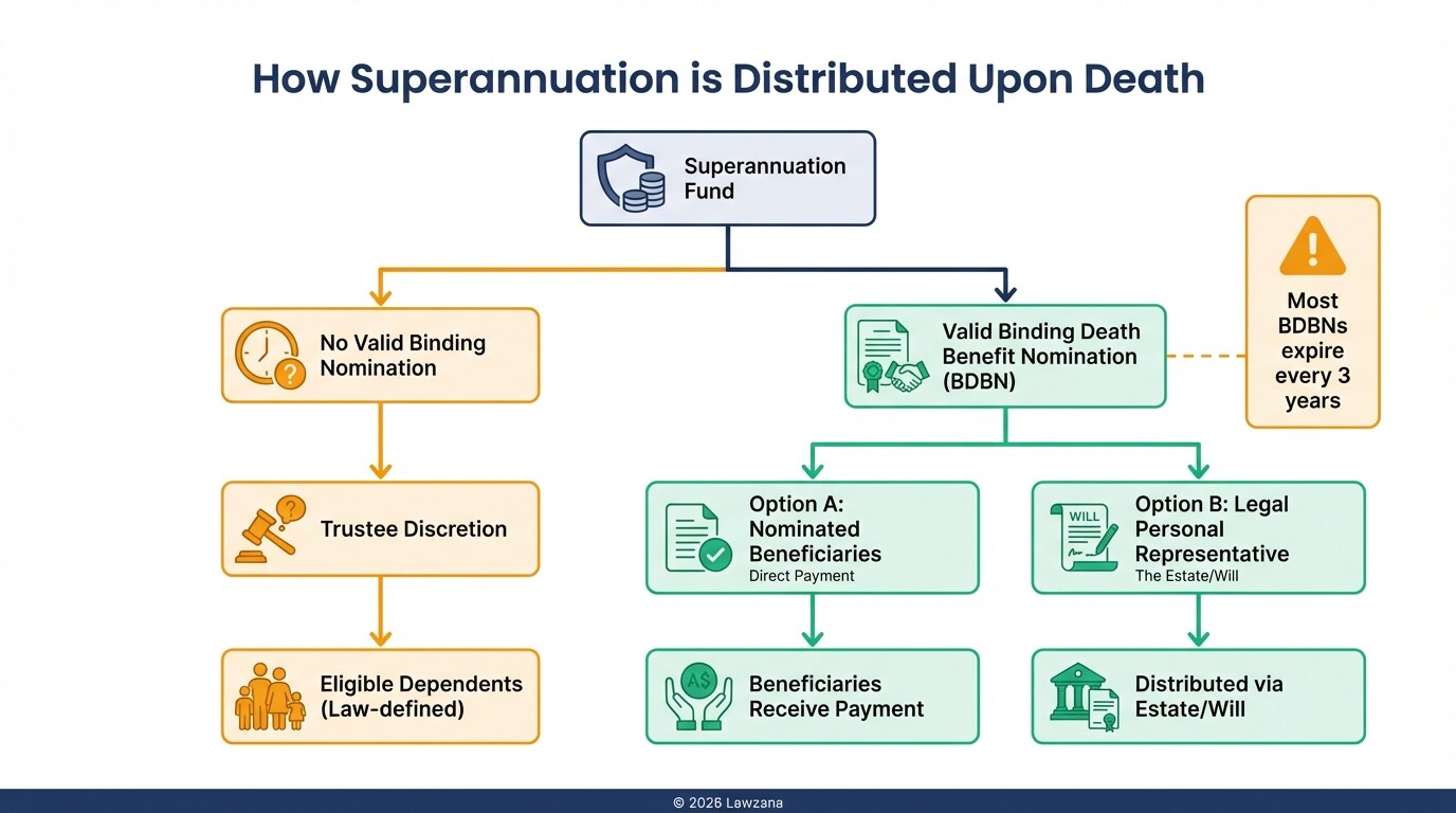 Flow diagram illustrating the distribution of superannuation through BDBNs or trustee discretion.