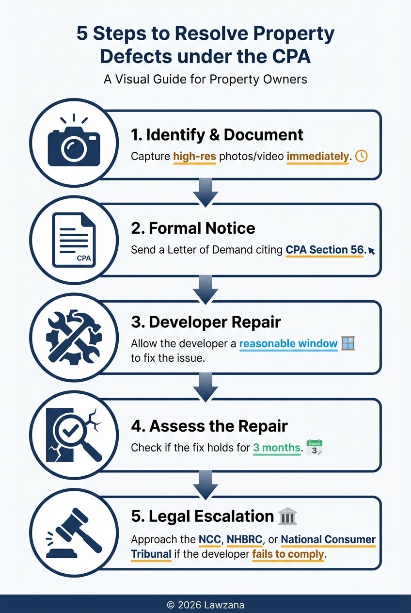 Step-by-step process for a home buyer to resolve property defects using the CPA.