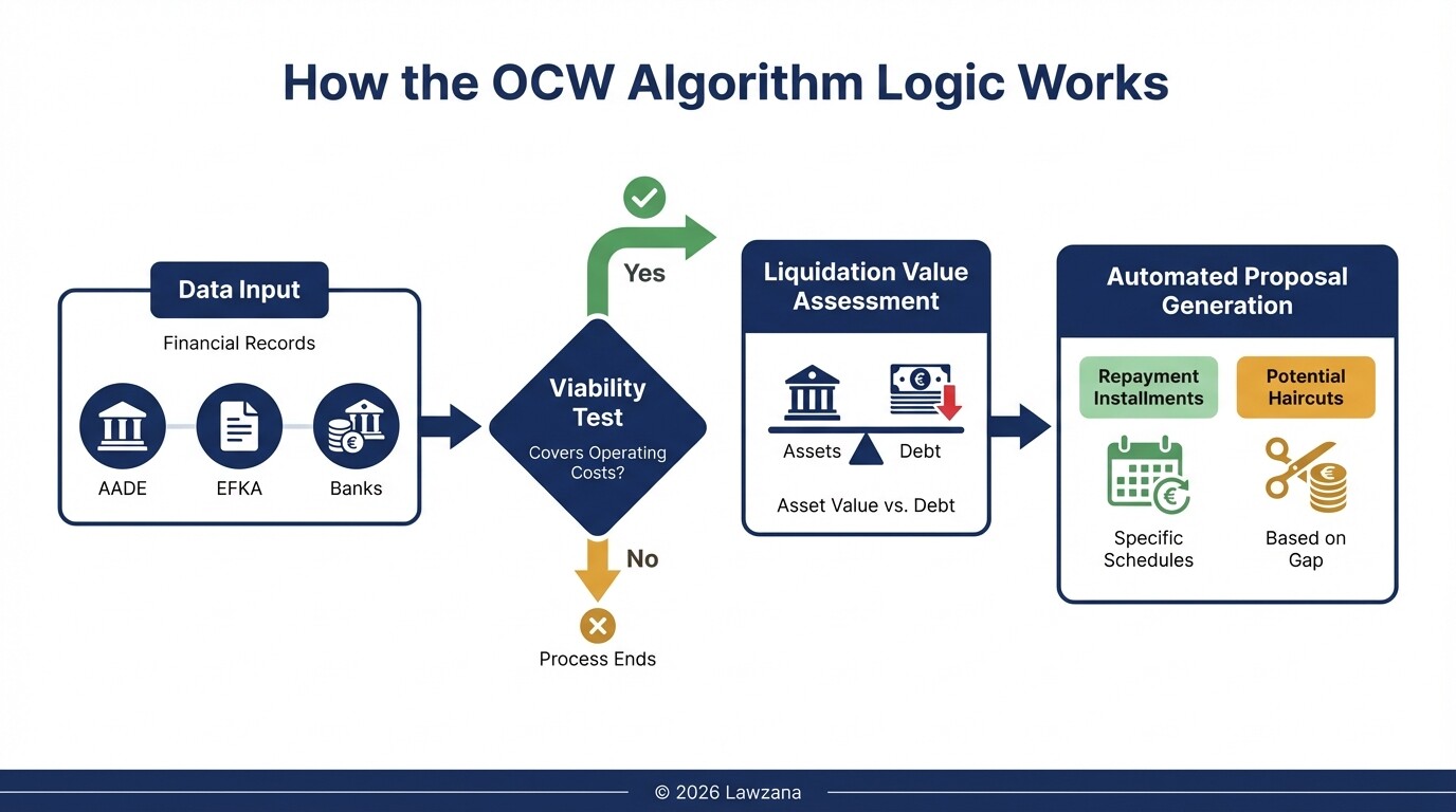 A flowchart showing the decision logic used by the OCW algorithm to calculate debt restructuring.