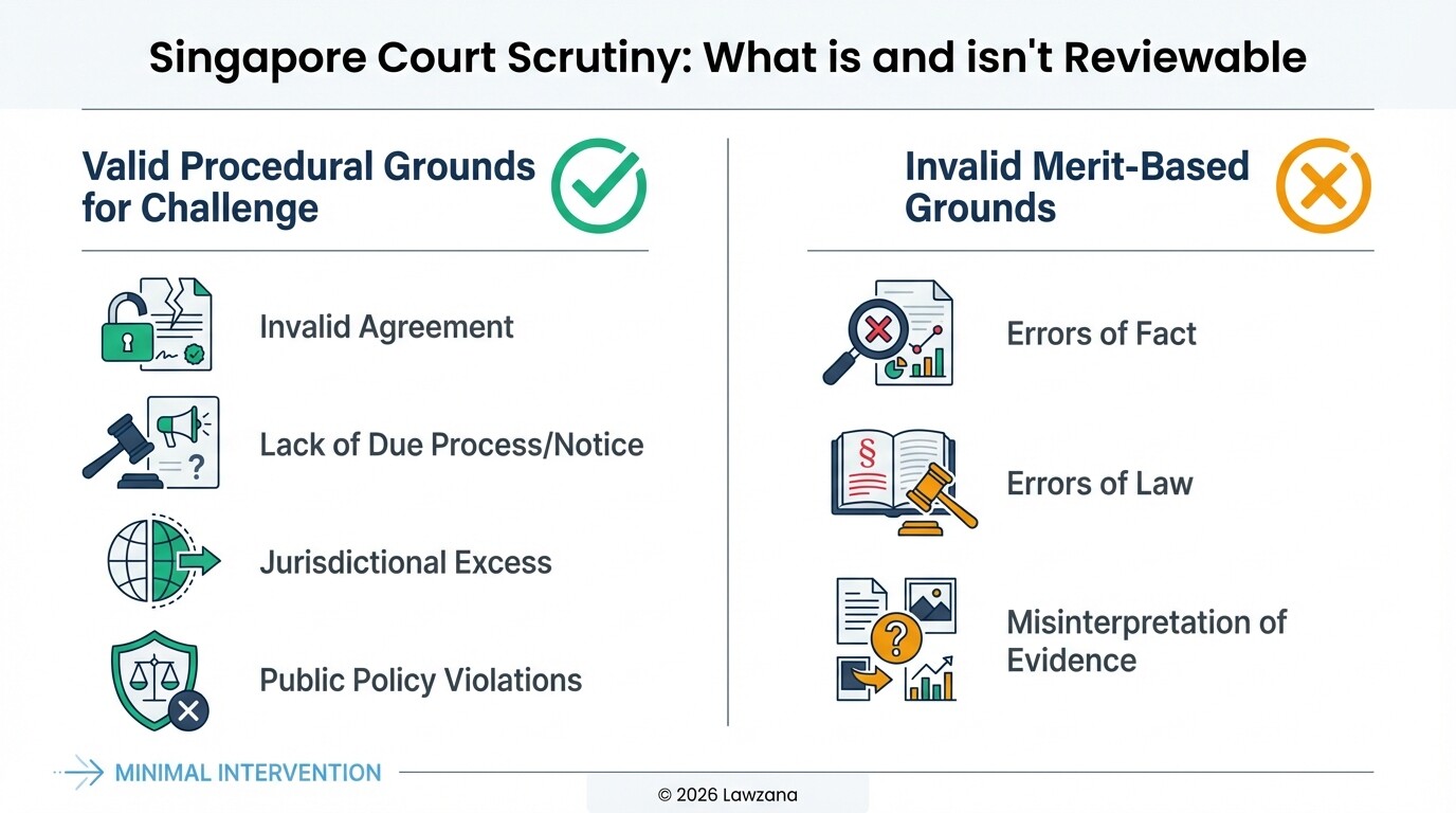 Comparison of valid procedural challenges versus invalid merit-based appeals in Singapore courts.