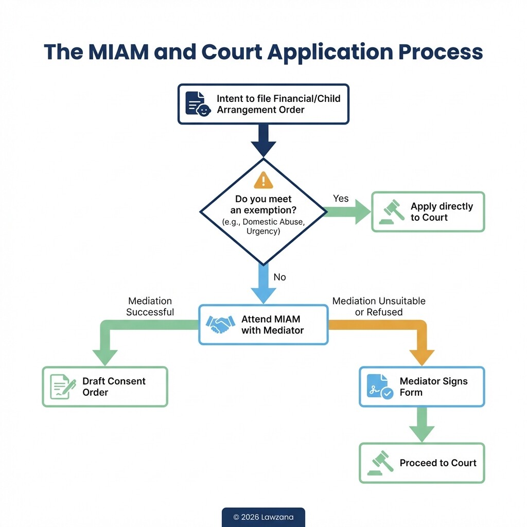 Flowchart illustrating the MIAM requirement and pathways to court in UK family law.