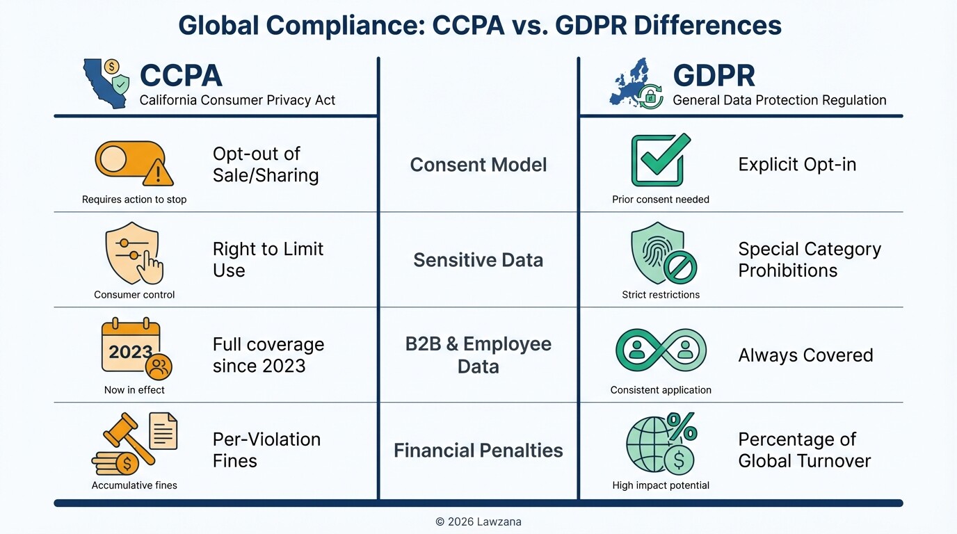 Comparison chart showing key differences between California CCPA and EU GDPR requirements.