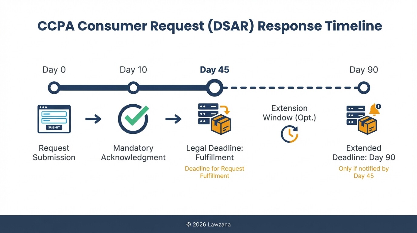 A timeline of the 45-day CCPA data request process including the 10-day acknowledgment milestone.