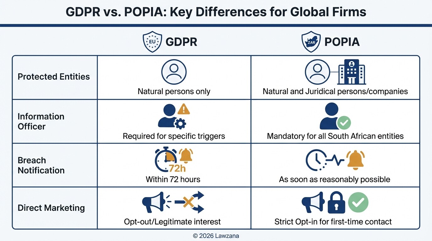 Comparison chart highlighting the critical legal differences between EU GDPR and South African POPIA.