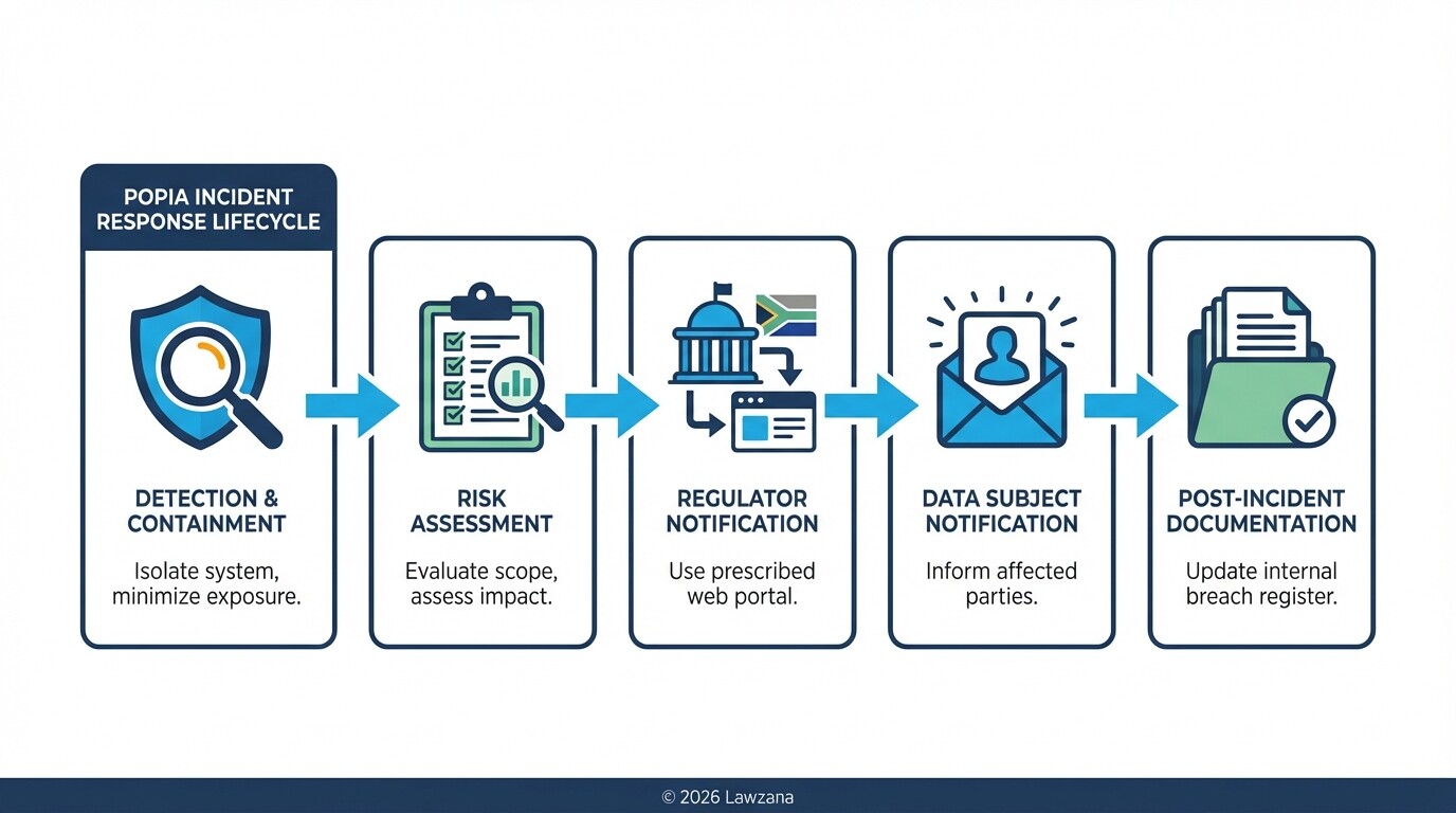 Flowchart showing the 5-step POPIA breach notification and response protocol.