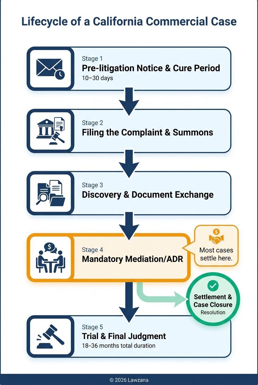 Process flowchart showing the typical stages and timeline of a California commercial lawsuit.