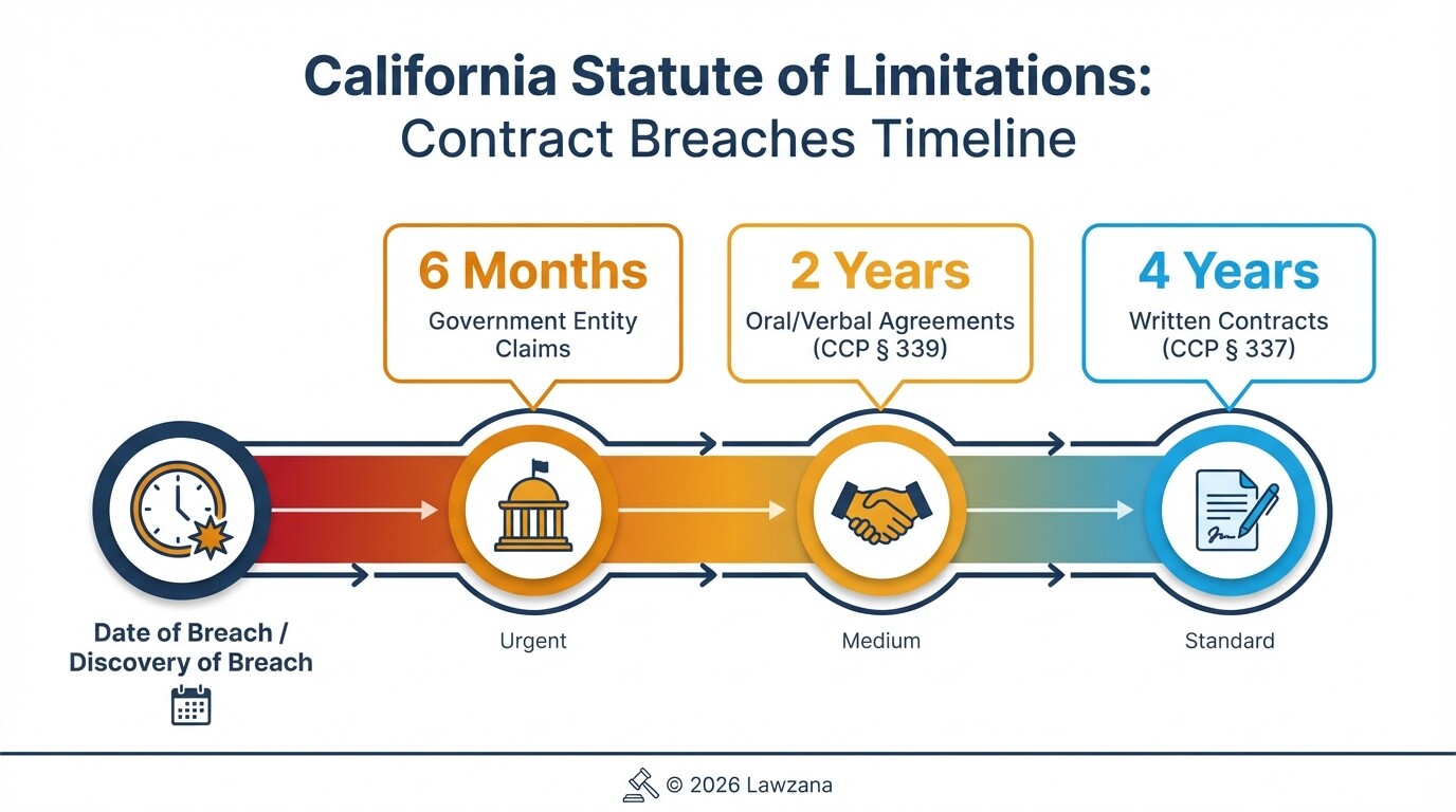 Timeline of California statute of limitations for written, oral, and government contracts.