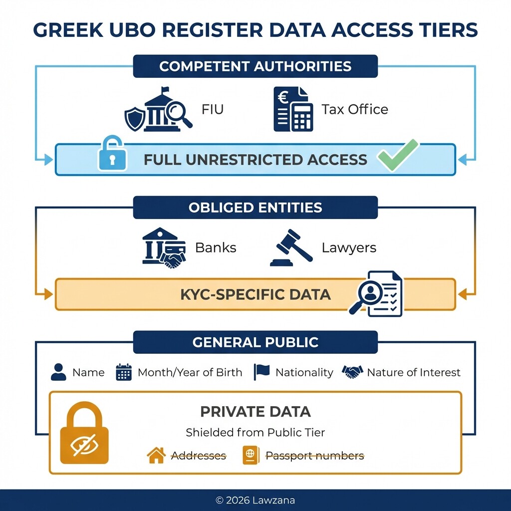 Infographic showing three tiers of access to Greek UBO ownership data