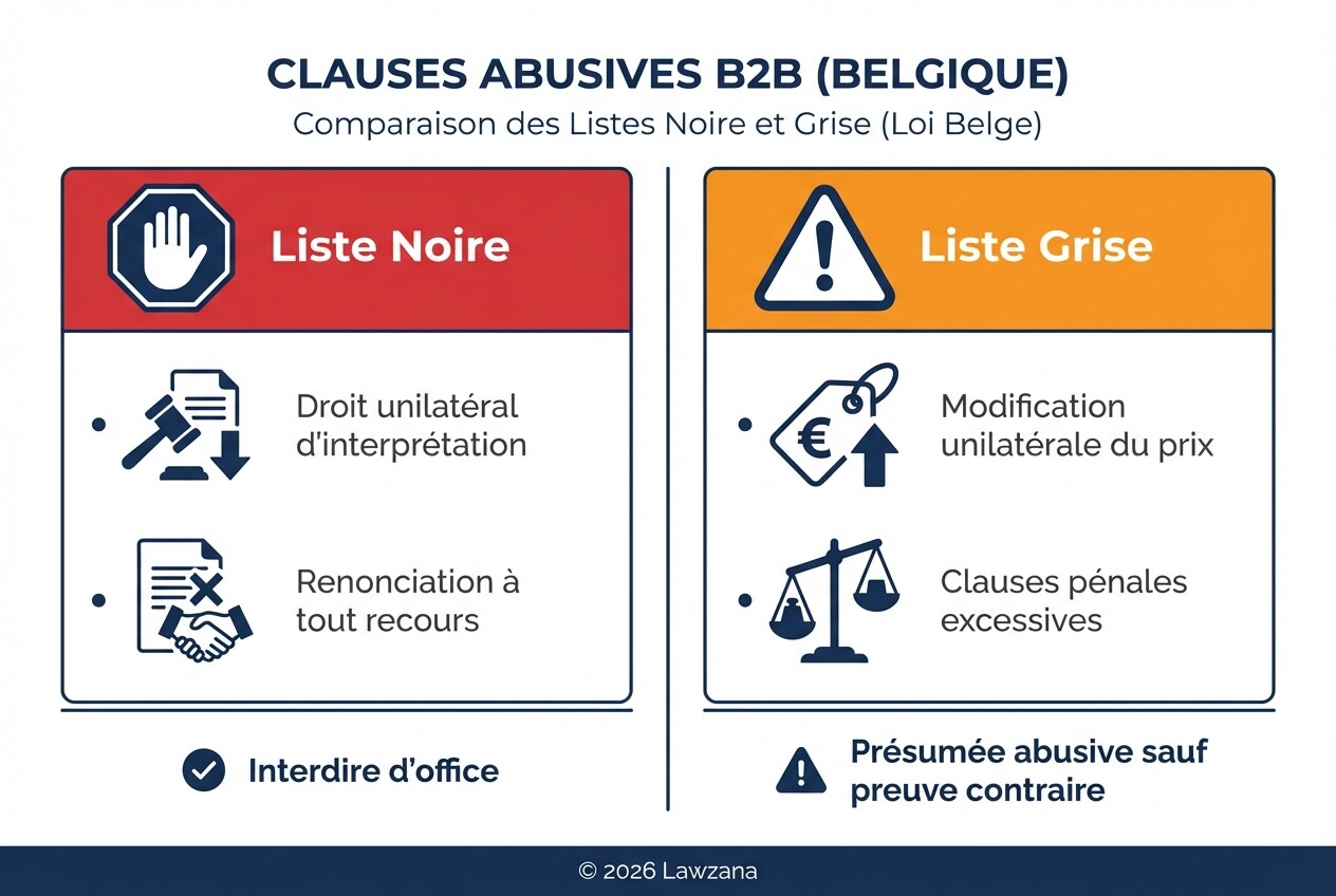 Tableau comparatif des clauses abusives Liste Noire et Liste Grise en droit des contrats B2B.