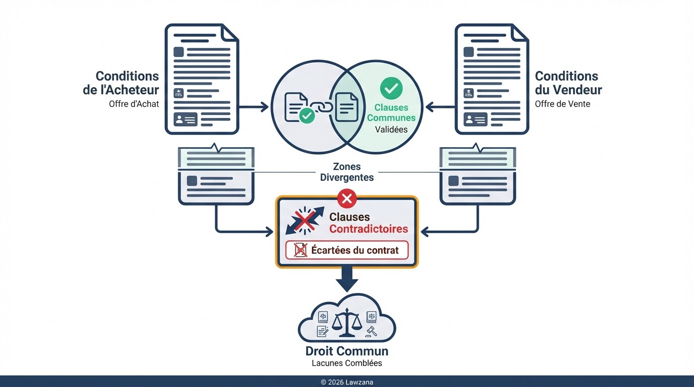 Schéma explicatif de la règle du Knock-out pour la gestion des conditions générales contradictoires.