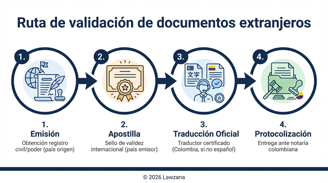 Infografía de los 4 pasos para legalizar documentos extranjeros para una herencia en Colombia.