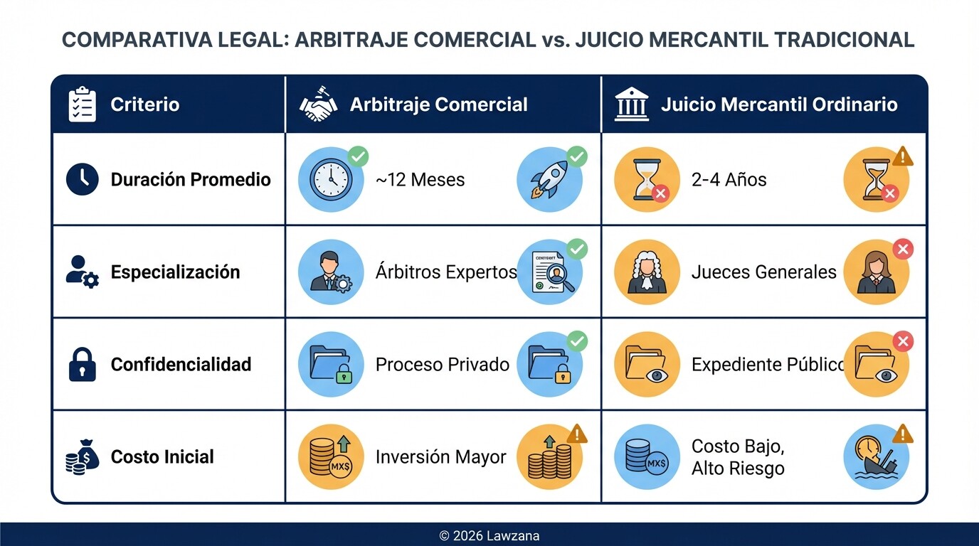 Comparación entre arbitraje comercial y juicio mercantil en México: tiempo, especialización y costos.