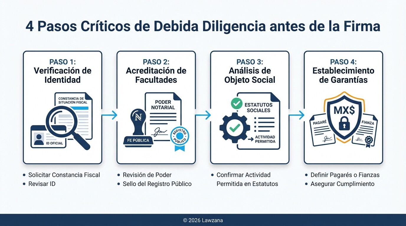 Infografía de los pasos de debida diligencia para validar una contraparte contractual en México.