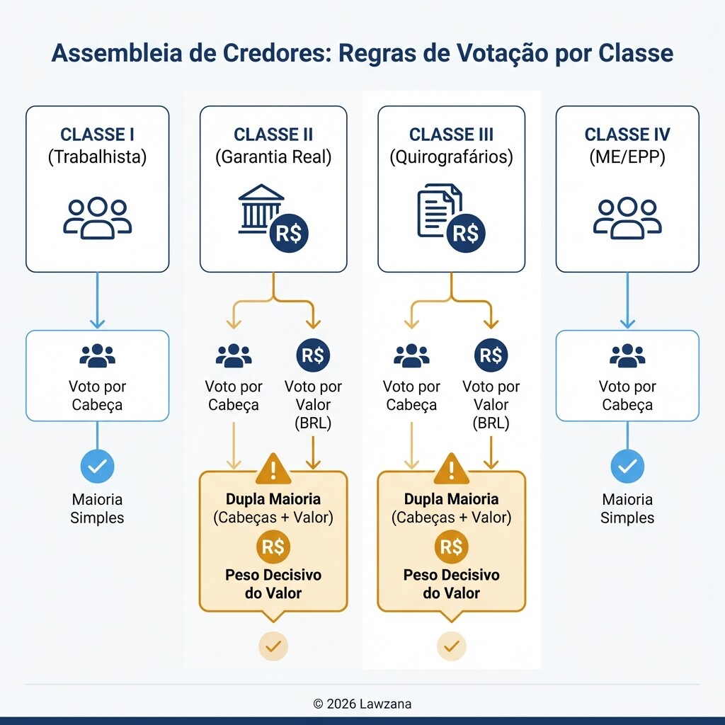Diagrama das classes de credores e requisitos de quórum para aprovação do plano de recuperação.