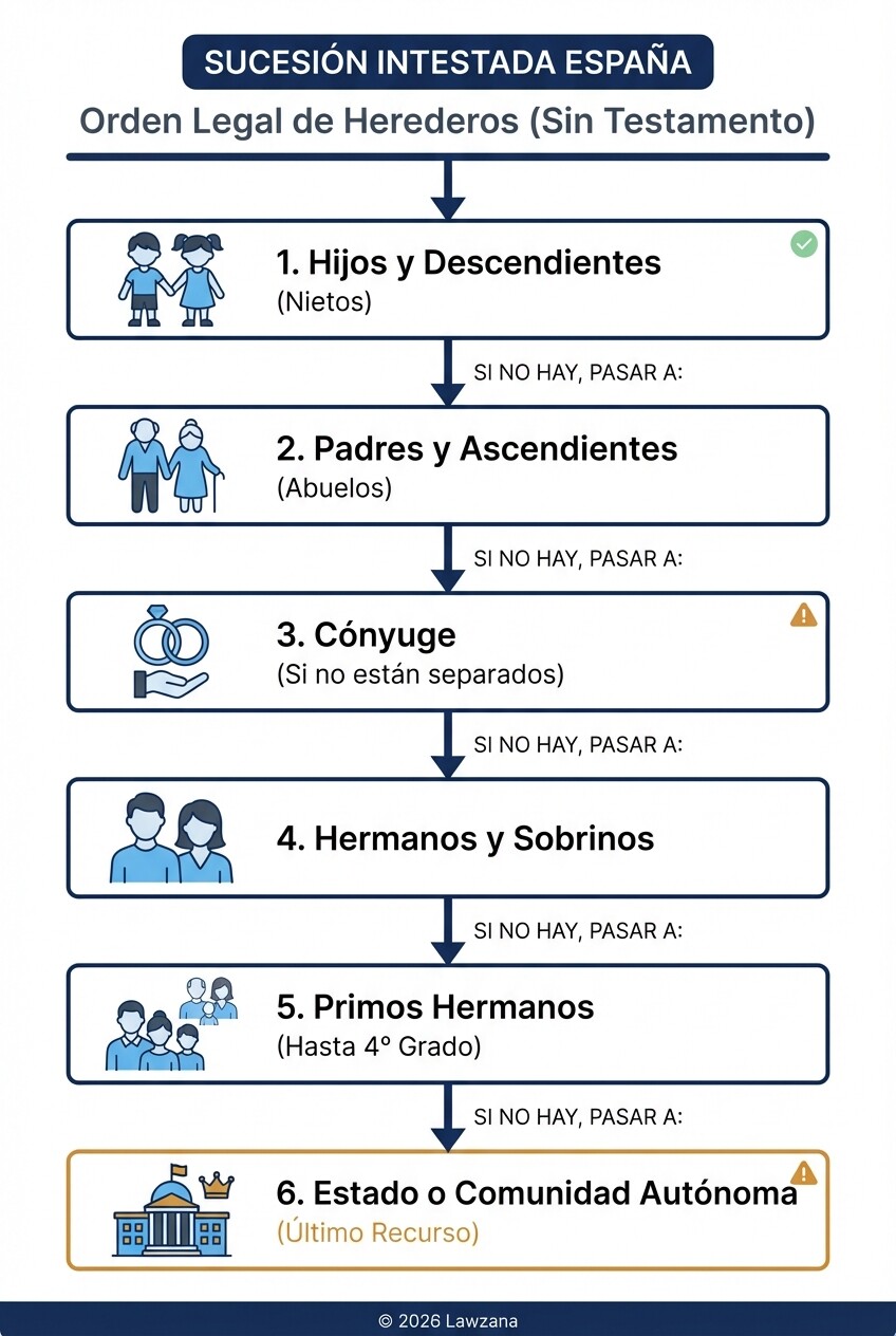 Diagrama del orden de parentesco para la declaración de herederos sin testamento en España.