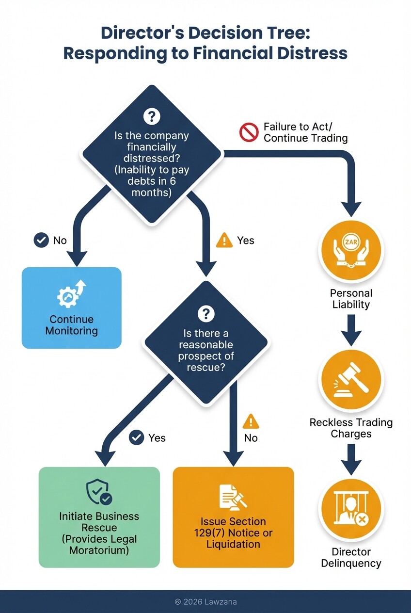 Decision tree for directors showing the legal paths and risks during financial distress.