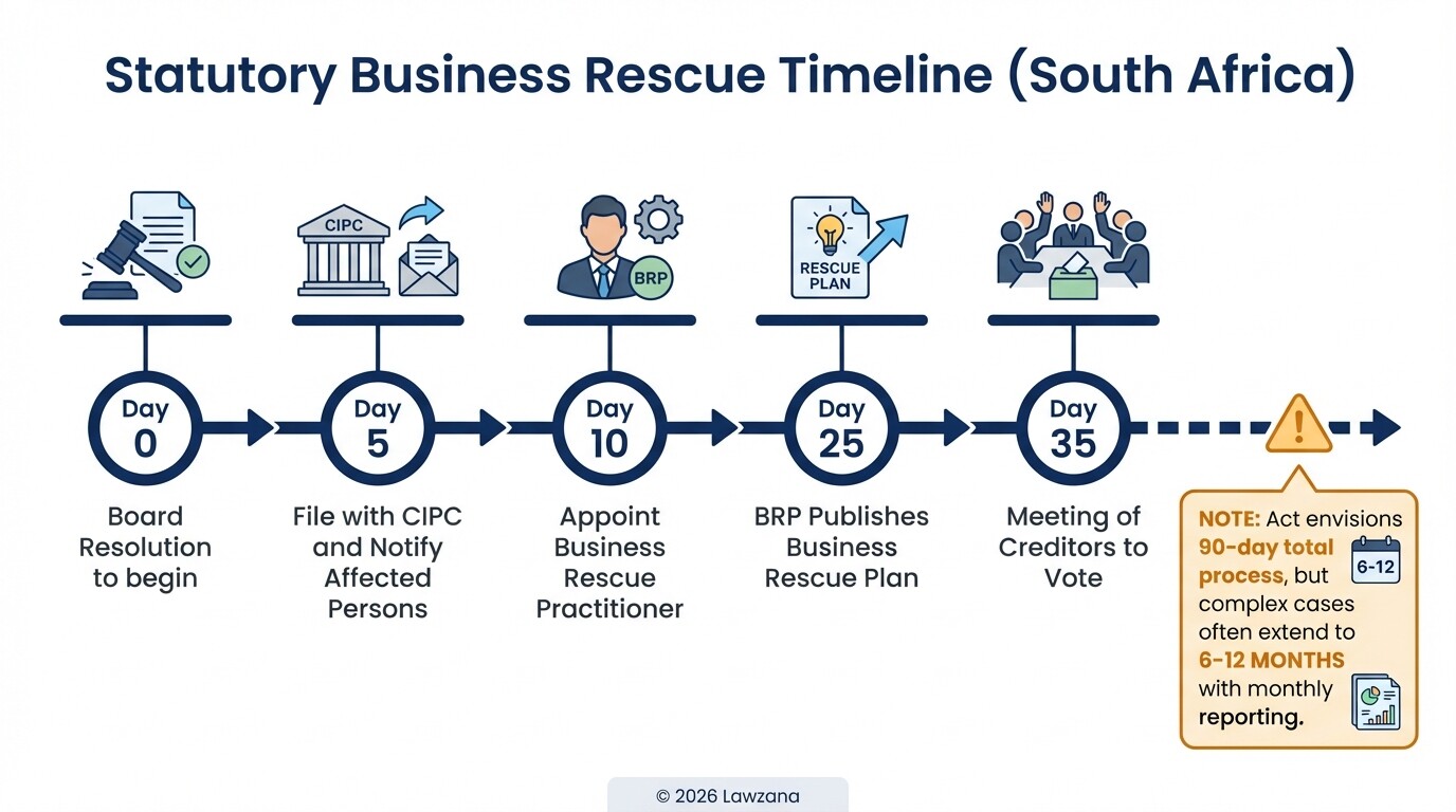 Infographic showing the statutory timeline and deadlines for the business rescue process.