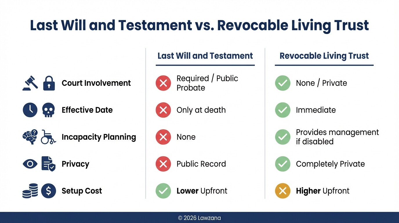 Comparison table between a Last Will and a Revocable Living Trust in Florida