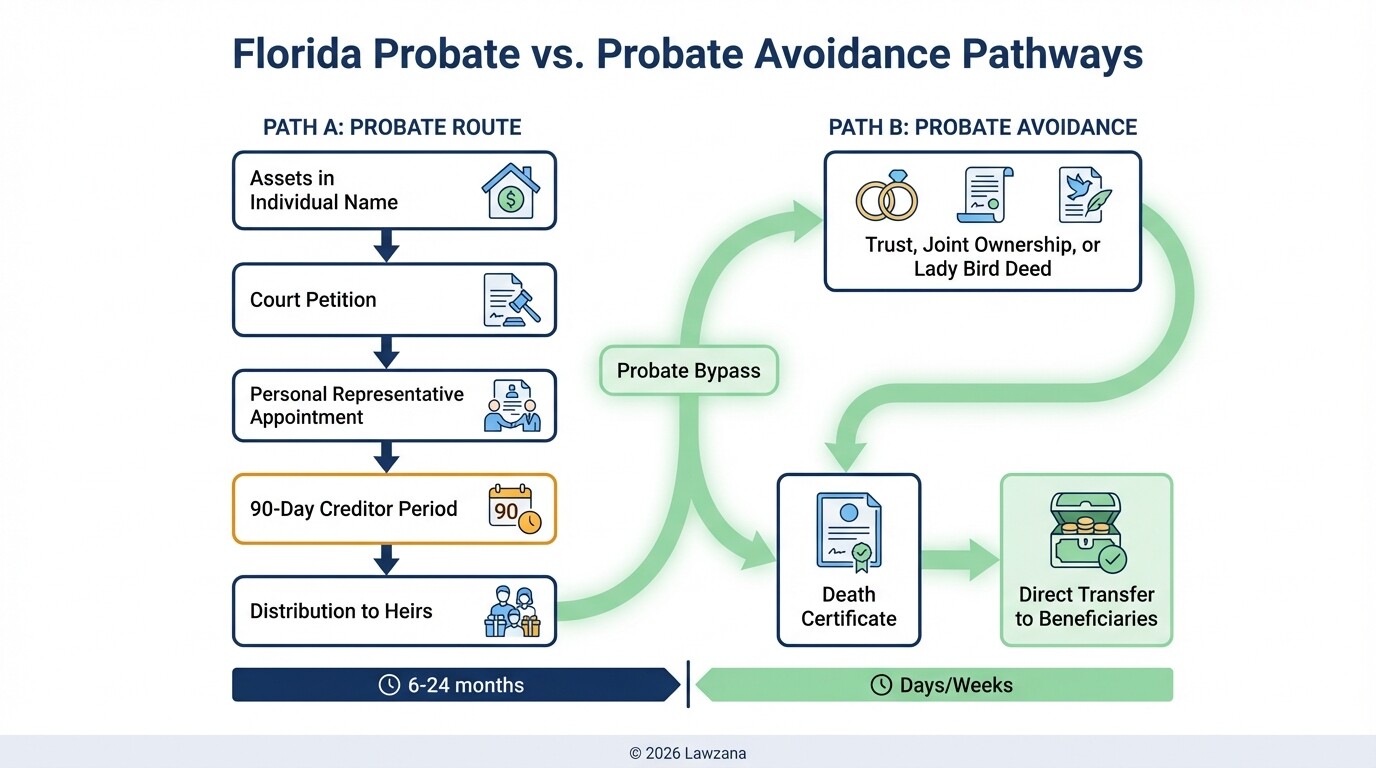 Flowchart comparing the Florida probate process timeline with probate avoidance methods