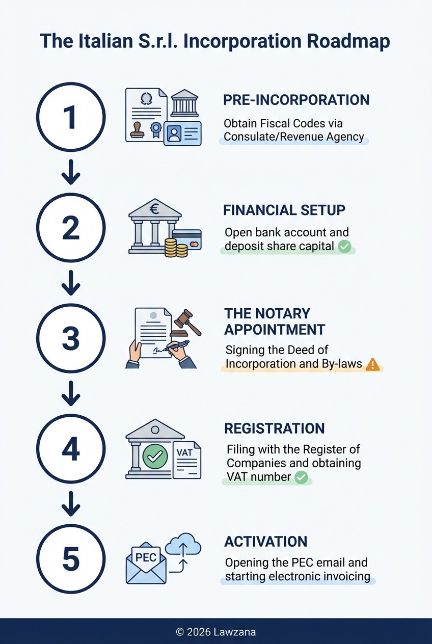 Five-step infographic showing the timeline of Italian business registration