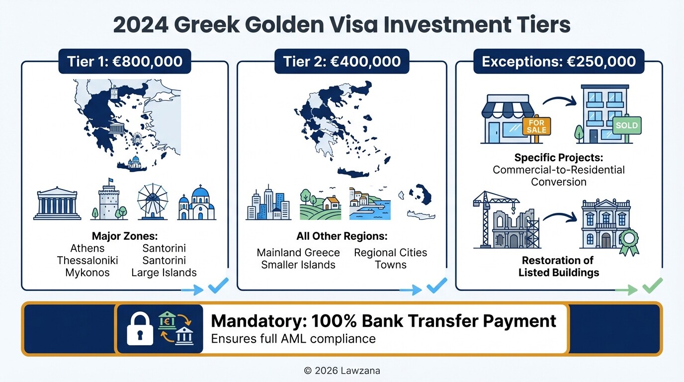Comparison chart of the different Greek Golden Visa investment amounts by region.