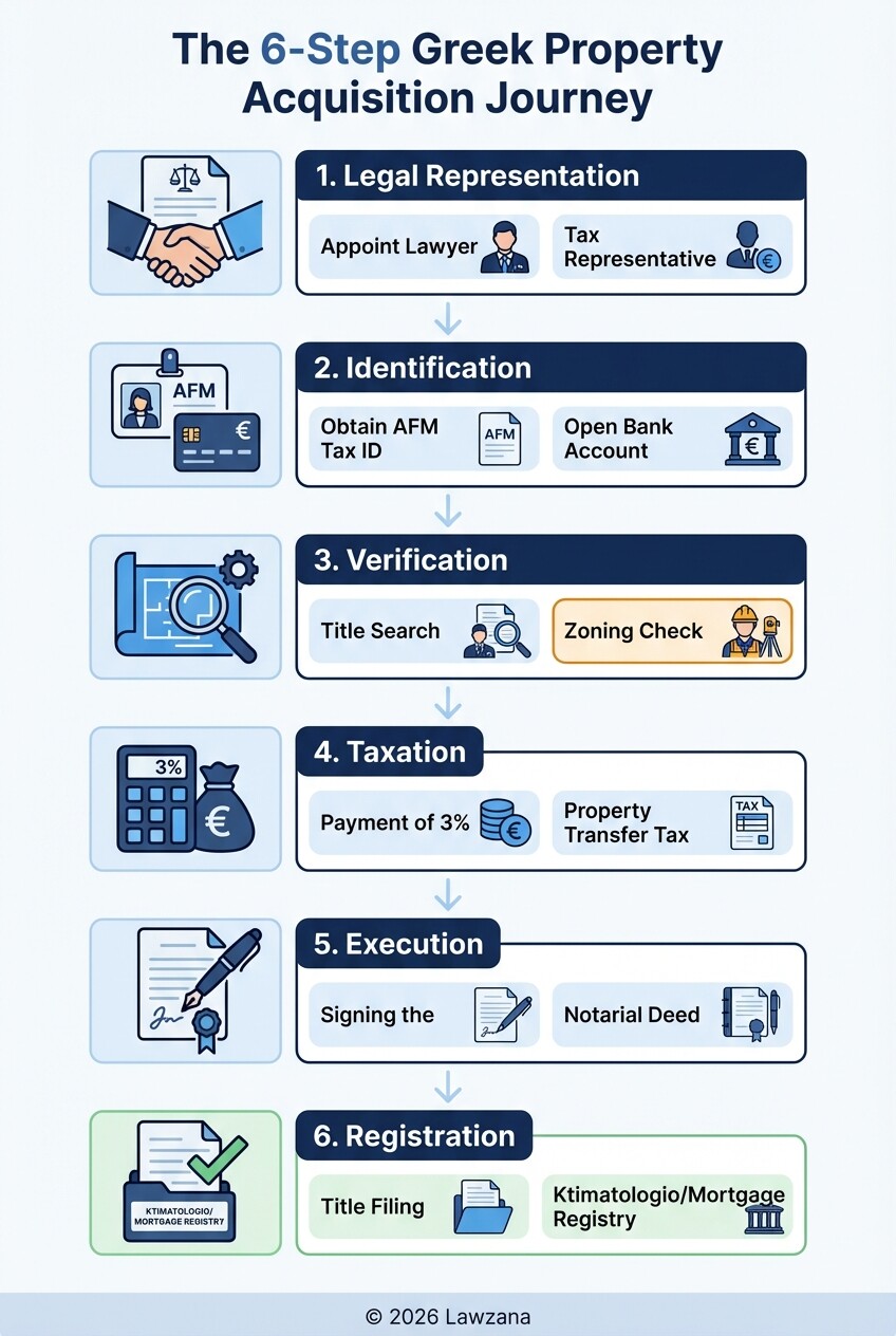 A step-by-step infographic showing the legal process of buying property in Greece.