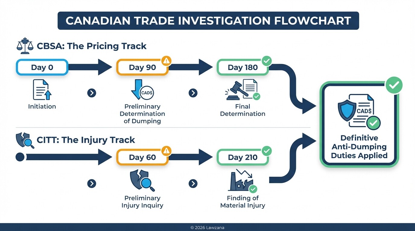 Bifurcated flowchart showing parallel CBSA and CITT investigation timelines.