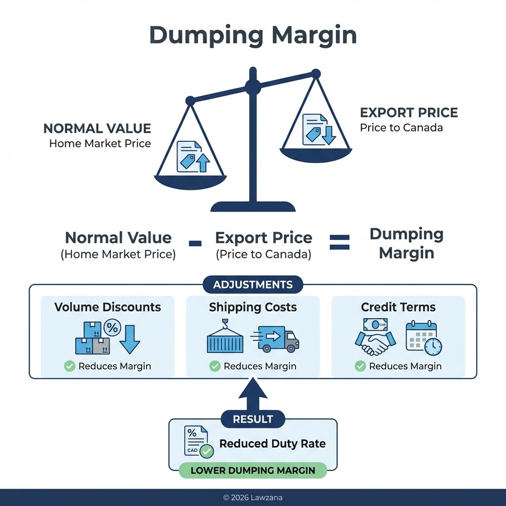 Illustration showing how the dumping margin is calculated by comparing normal value and export price.