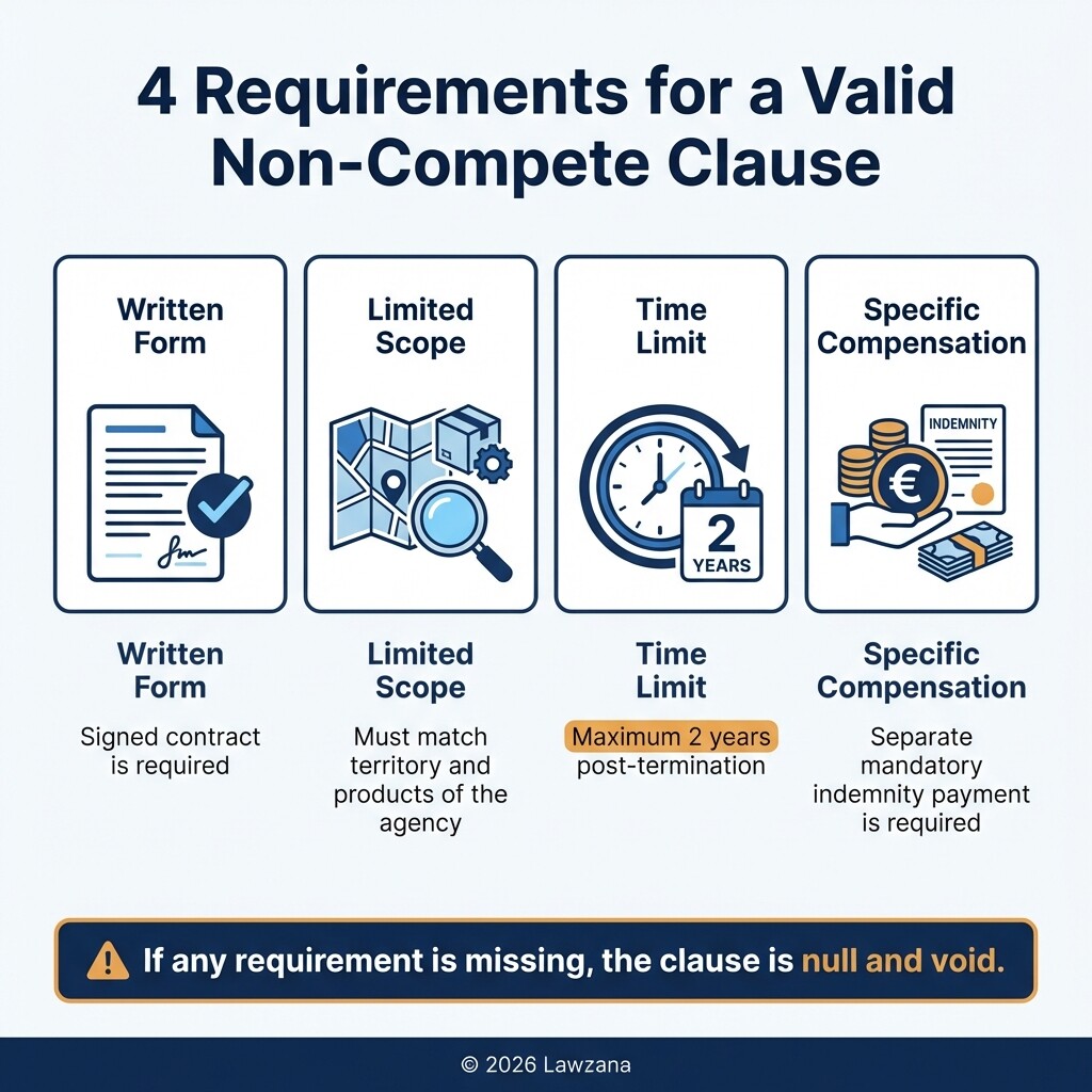 Infographic listing the legal requirements for non-compete clauses in Italy