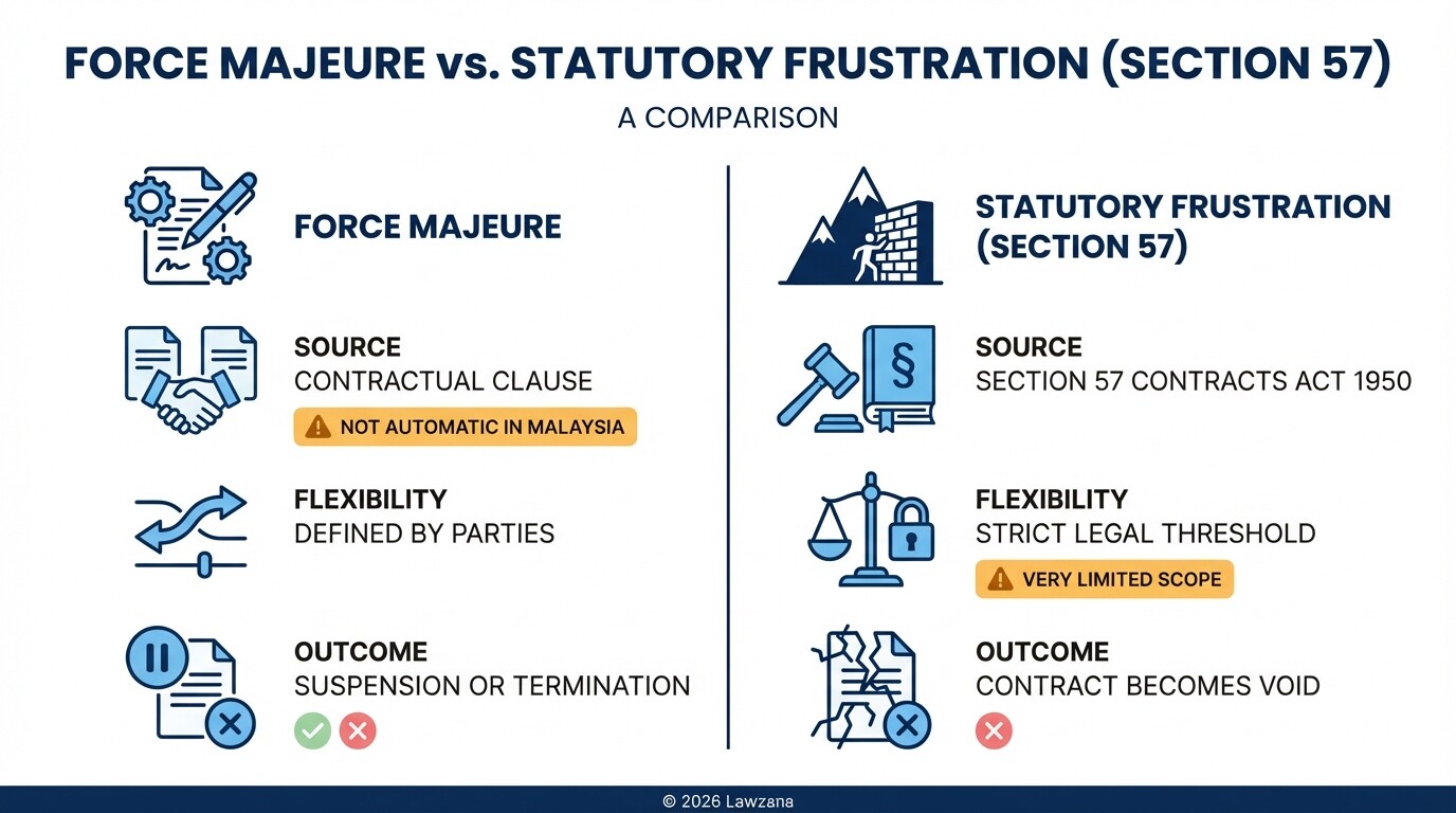 Comparison of Force Majeure clauses versus Statutory Frustration in Malaysia