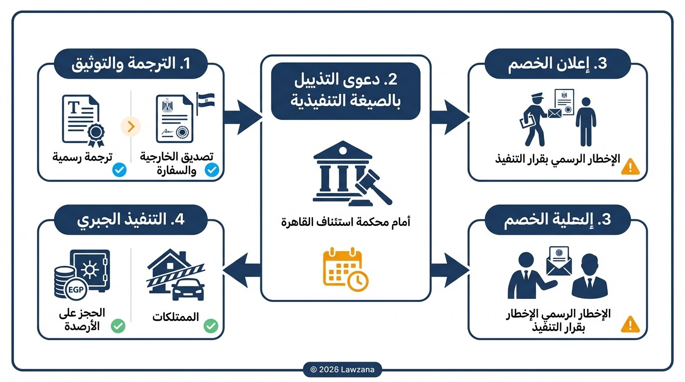 مخطط توضيحي لخطوات تنفيذ أحكام التحكيم الأجنبية والقضائية داخل مصر