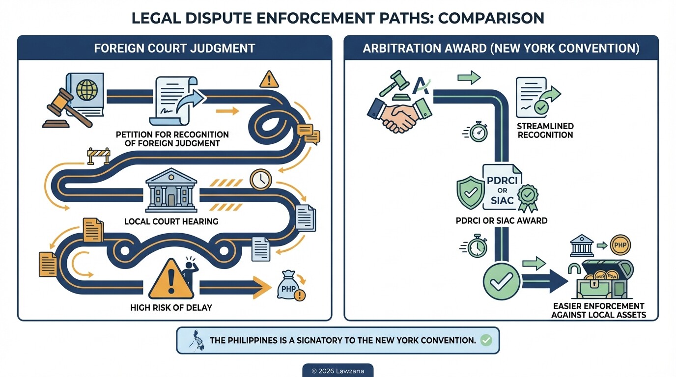 Comparison of enforcing foreign court judgments versus arbitration awards in the Philippines