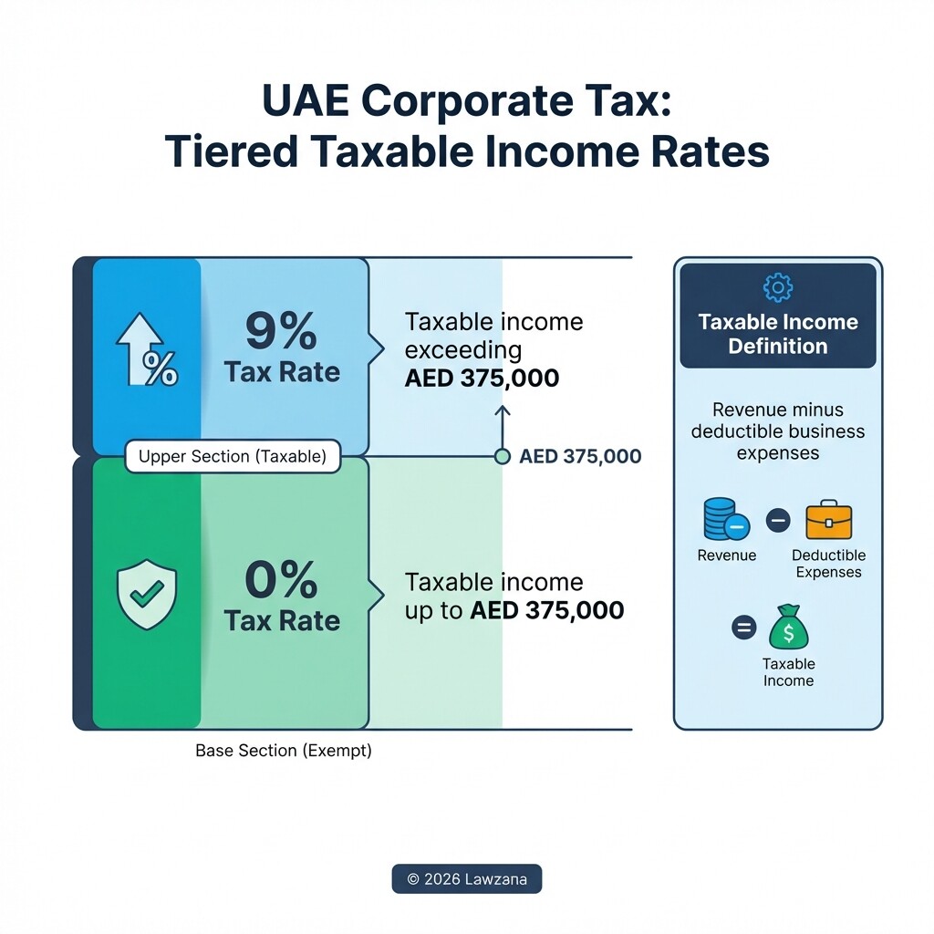 Visual guide to UAE Corporate Tax brackets showing the AED 375,000 threshold